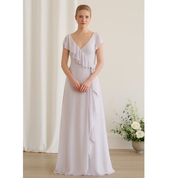 Joanna August Ceremony Ruffle Chiffon Wrap Maxi Dress Medium Purple NEW - Picture 1 of 6